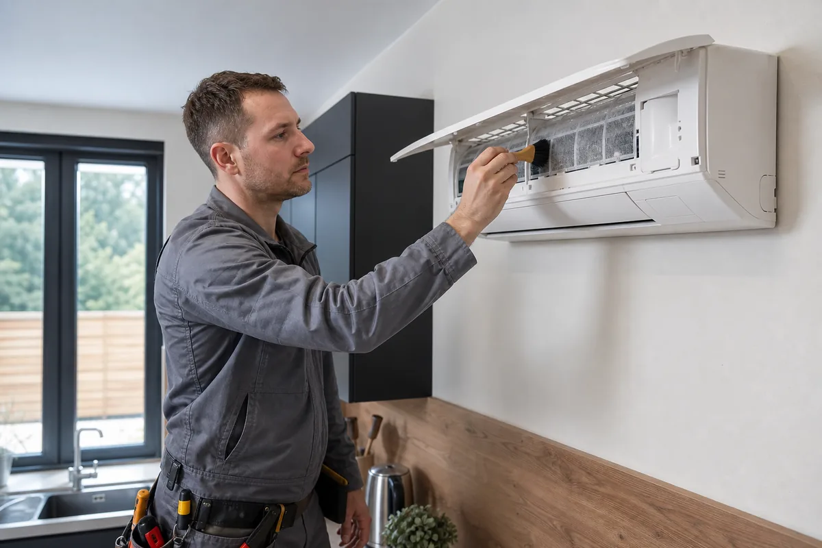 Engineer cleaning filters during an air conditioning service visit